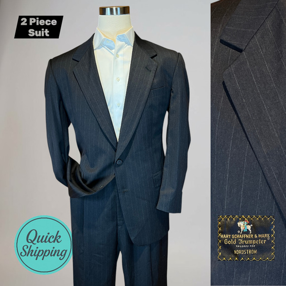 Hart Schaffner Marx Other - Hart Schaffner Marx Gold Trumpeter 43L 38x30 Gray Stripe Suit Virgin Wool